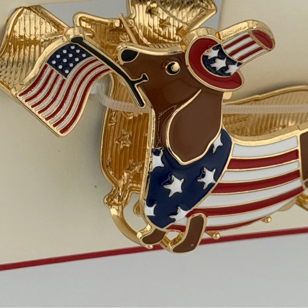 Piper K Patriotic Dachshund Hair Claw Clip Gold Tone Rhinestones Red White Blue